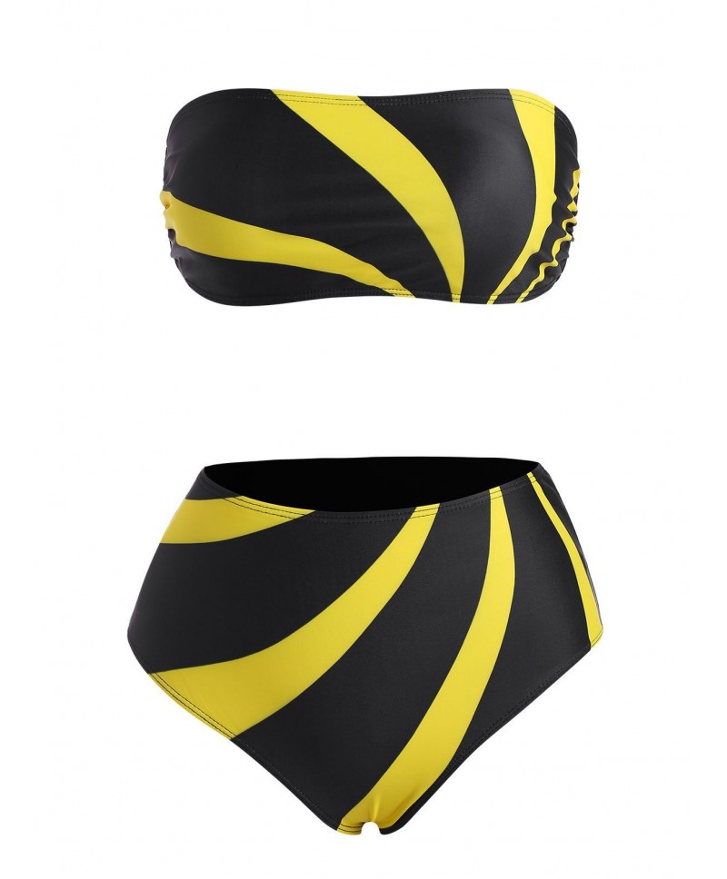 Colorblock Strapless Back Tie High Waist Bikini Swimwear