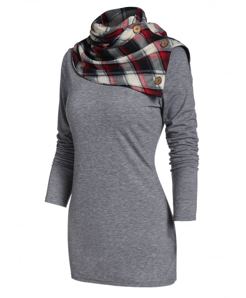 Cowl Neck Plaid Panel Tunic T Shirt
