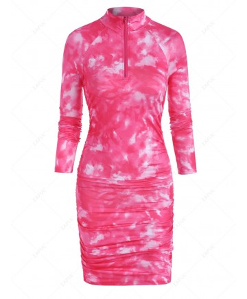 Zip Front Tie Dye Gathered Mini Dress