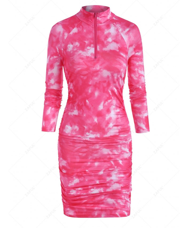 Zip Front Tie Dye Gathered Mini Dress