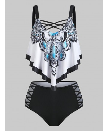 Crisscross Flounce Overlay High Waisted Tankini Swimwear