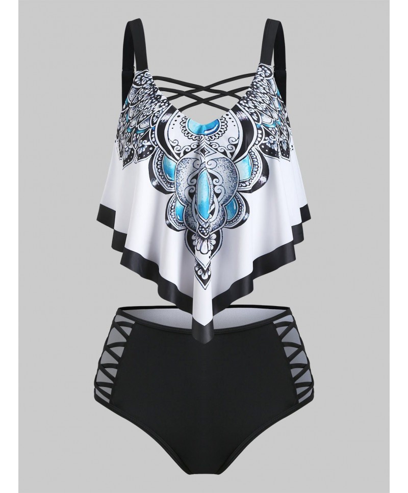 Crisscross Flounce Overlay High Waisted Tankini Swimwear