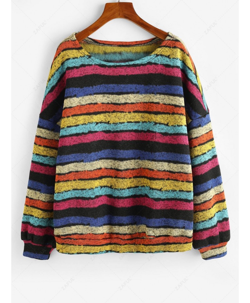 Loose Colorful Stripes Fleece Lined Sweatshirt