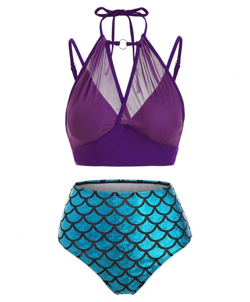 Mesh Overlay Mermaid O Ring Tankini Swimwear