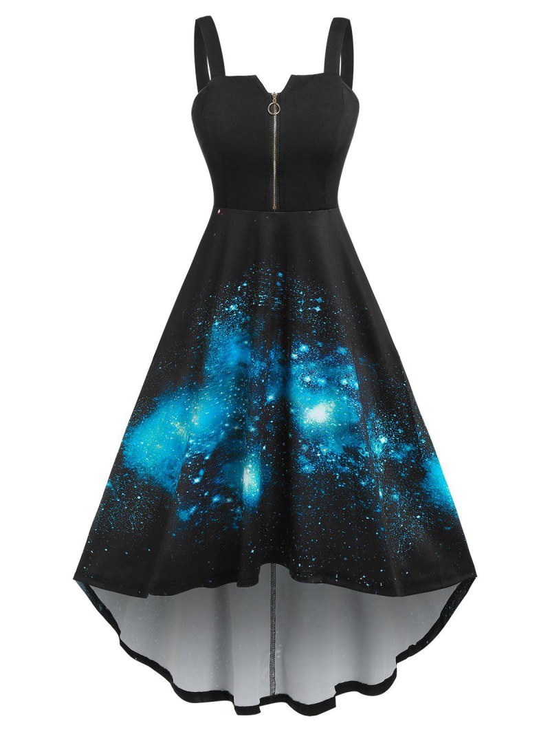 3d Galaxy Print High Low Midi Dress