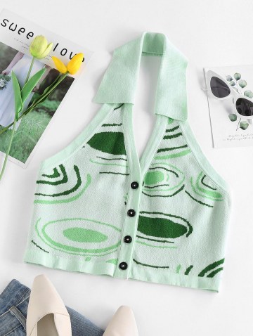 Abstract Jacquard Knitted Halter Crop Tank Top