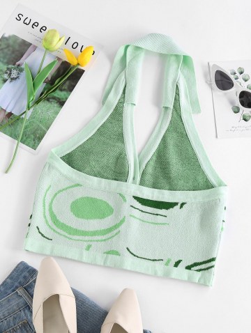 Abstract Jacquard Knitted Halter Crop Tank Top