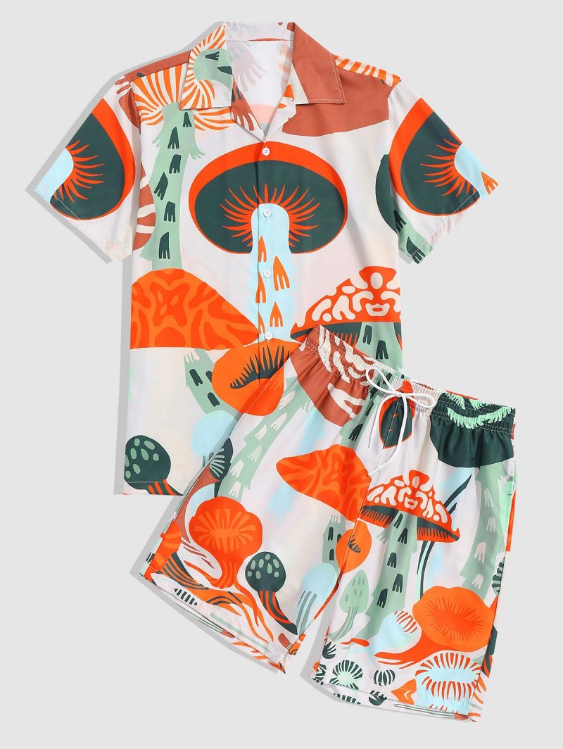Allover Cartoon Mushroom Shirt And Shorts Set
