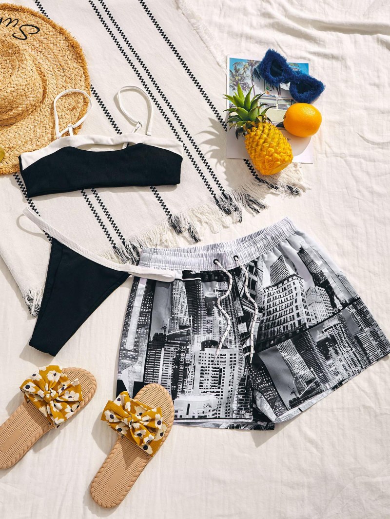 Architecture And Liberty Print Ribbed Couple Swimwear