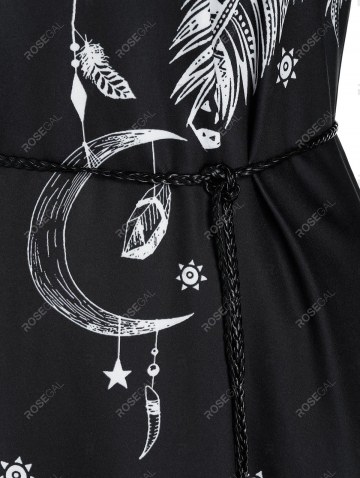 Bohemian Feather Printed Tassel Belt Dress