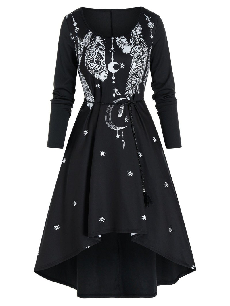 Bohemian Feather Printed Tassel Belt Dress