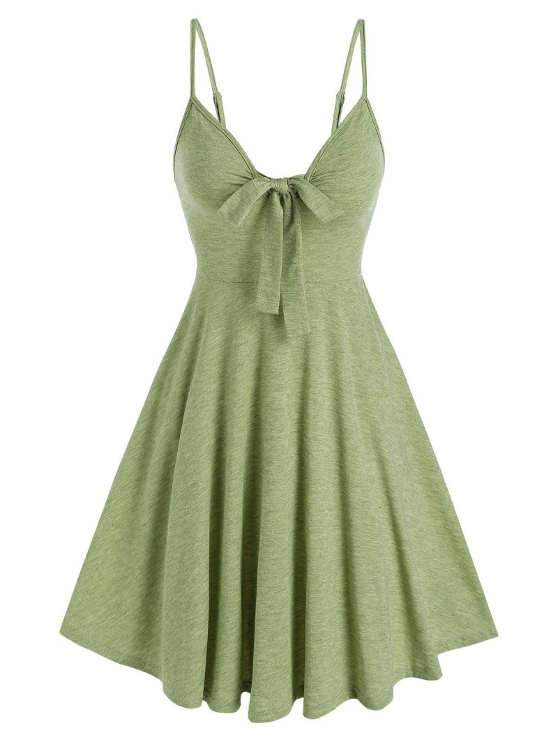 Bowknot Solid Flare Slip Dress