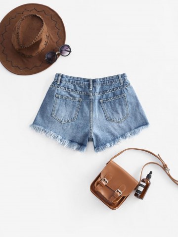 Buckle Straps Frayed Denim Cutoff Shorts