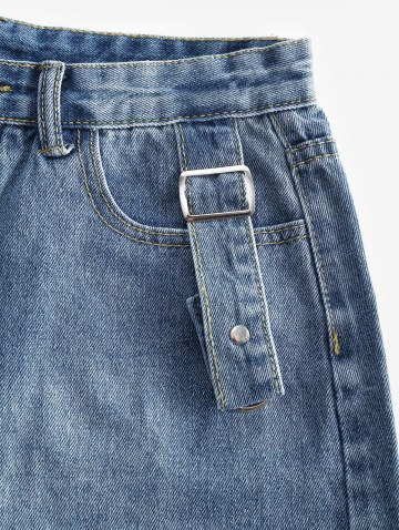 Buckle Straps Frayed Denim Cutoff Shorts