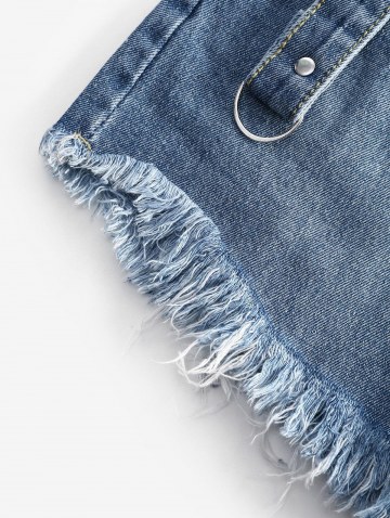 Buckle Straps Frayed Denim Cutoff Shorts