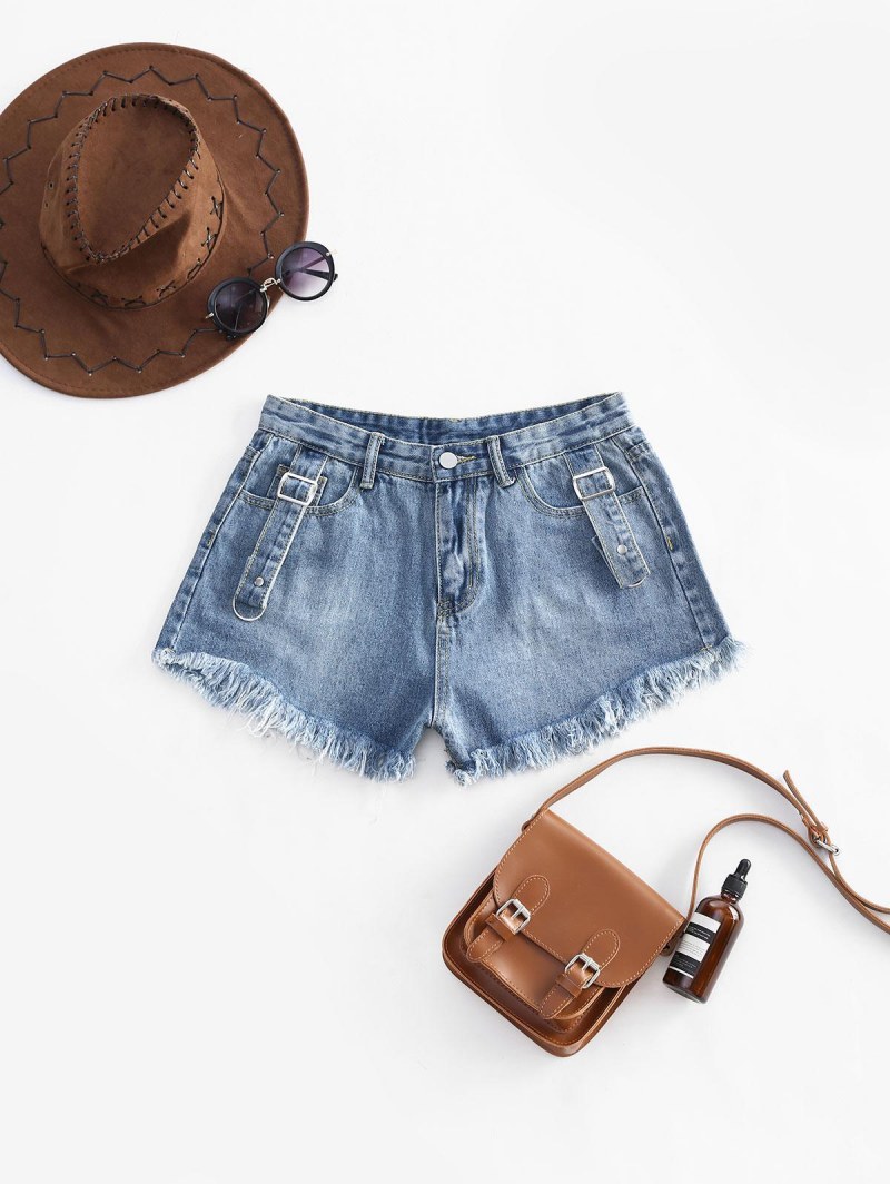 Buckle Straps Frayed Denim Cutoff Shorts