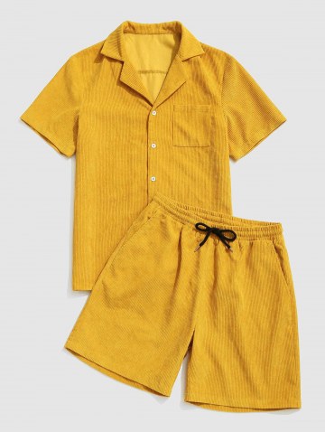 Button Up Pocket Corduroy Shirt And Shorts Set
