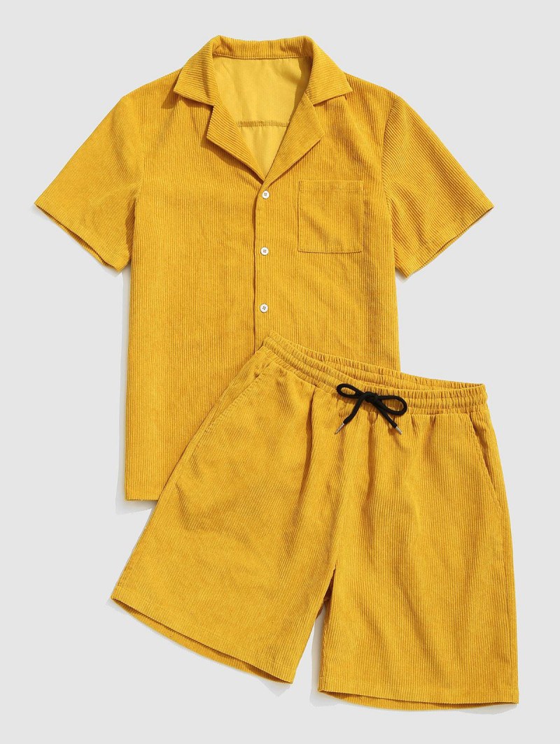 Button Up Pocket Corduroy Shirt And Shorts Set