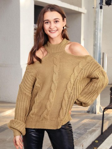 Chunky Cable Knit Cold Shoulder Sweater