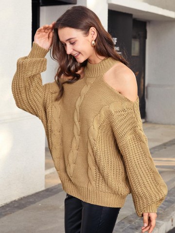 Chunky Cable Knit Cold Shoulder Sweater