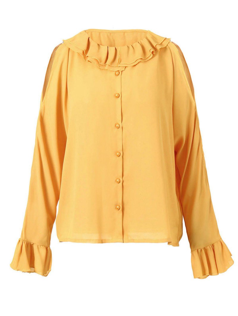 Cold Shoulder Button Up Flounced Blouse