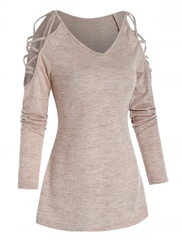 Cold Shoulder Criss-cross Heathered Ribbed T-shirt