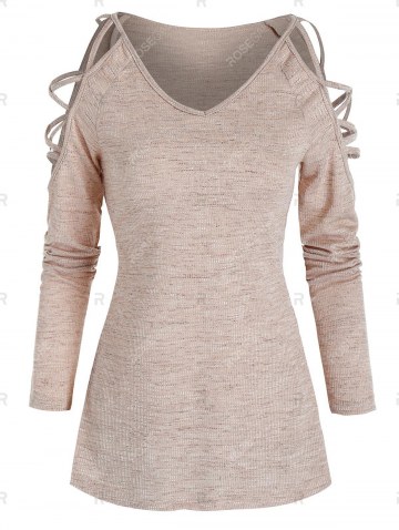 Cold Shoulder Criss-cross Heathered Ribbed T-shirt