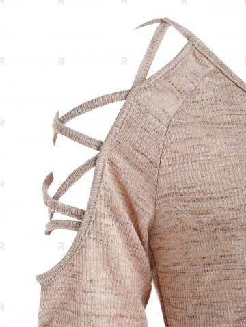 Cold Shoulder Criss-cross Heathered Ribbed T-shirt