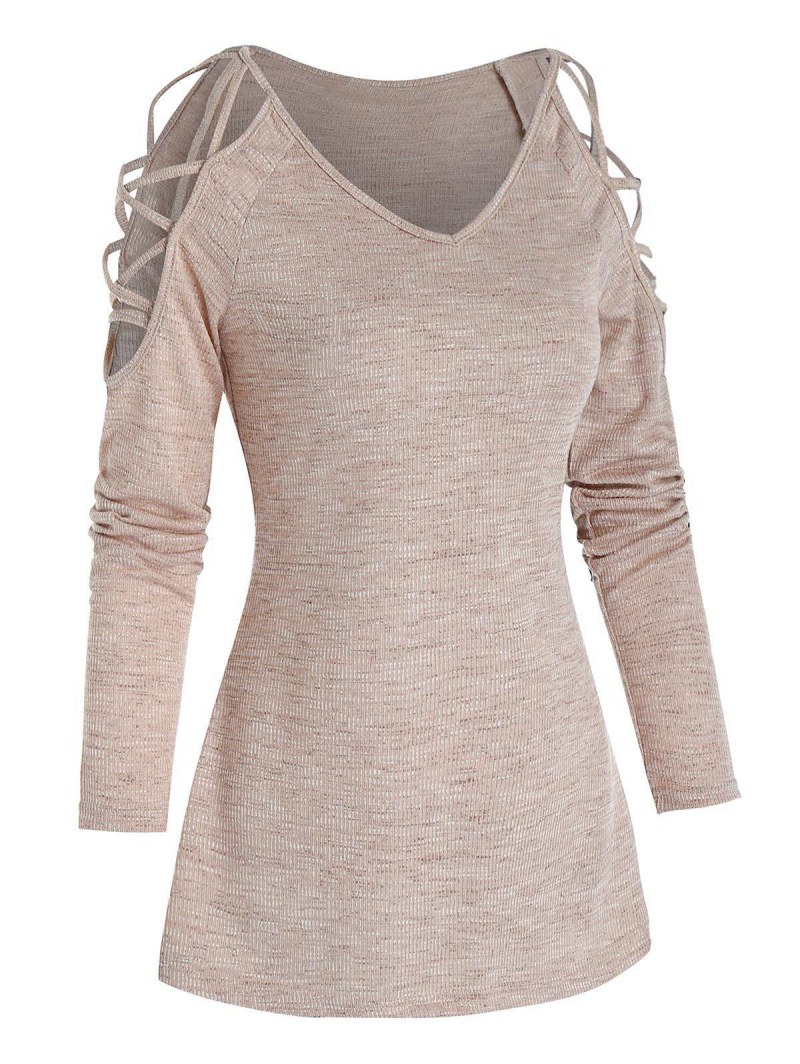 Cold Shoulder Criss-cross Heathered Ribbed T-shirt