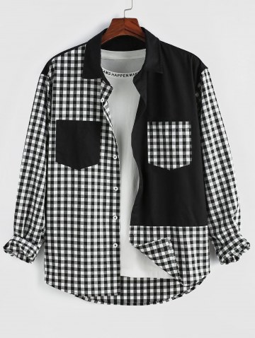 Color Blocking Plaid Print Long Sleeve Double Pockets Shirt