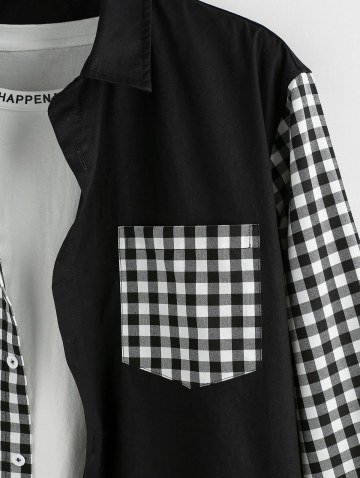 Color Blocking Plaid Print Long Sleeve Double Pockets Shirt