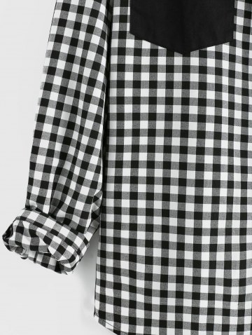 Color Blocking Plaid Print Long Sleeve Double Pockets Shirt