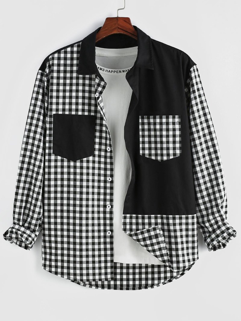 Color Blocking Plaid Print Long Sleeve Double Pockets Shirt