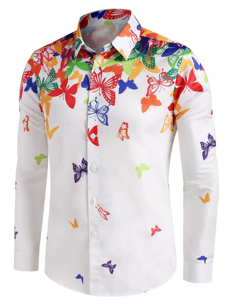 Colorful Butterfly Print Button Up Long Sleeve Shirt