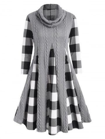 Cowl Neck Cable Knit Panel Plaid Dress