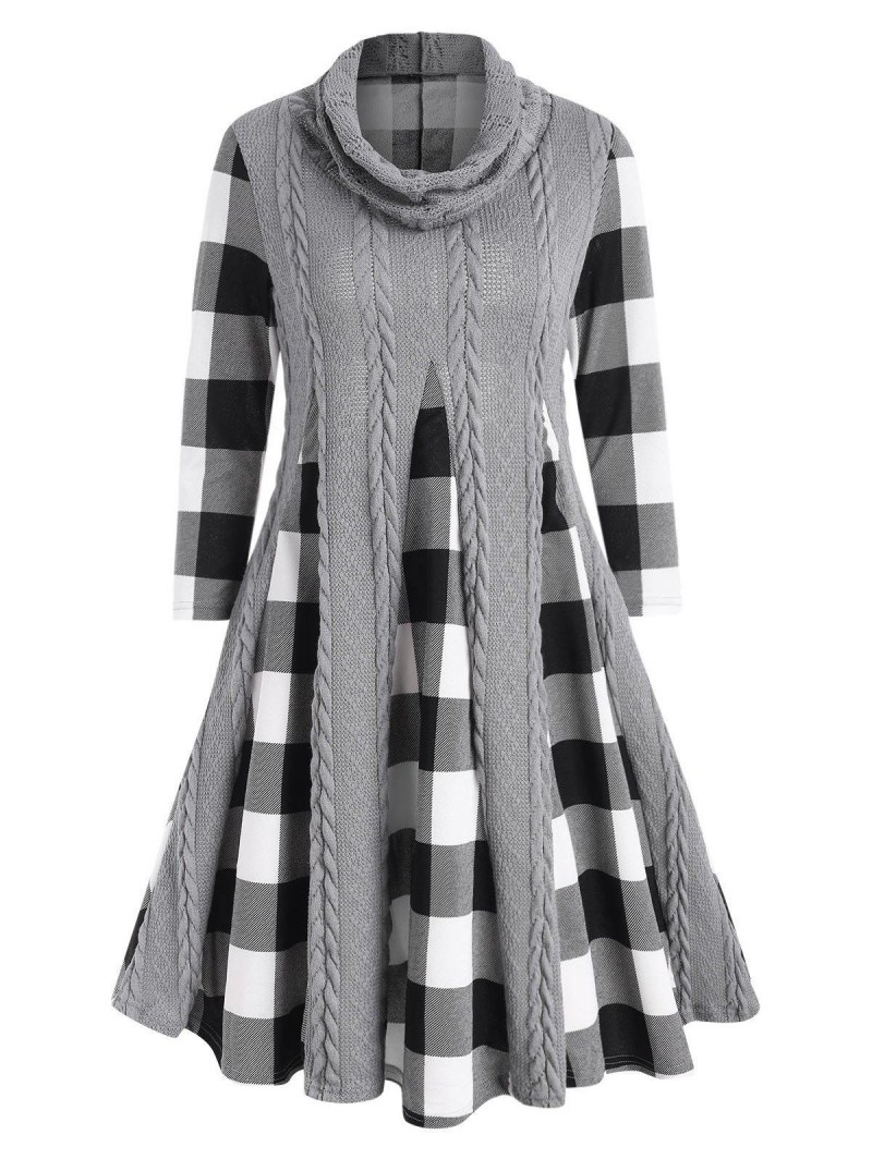 Cowl Neck Cable Knit Panel Plaid Dress