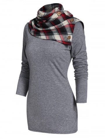 Cowl Neck Plaid Panel Tunic T Shirt