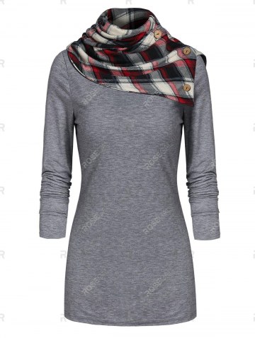 Cowl Neck Plaid Panel Tunic T Shirt