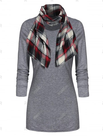Cowl Neck Plaid Panel Tunic T Shirt