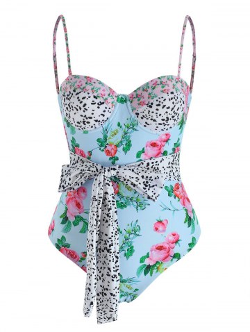 Dalmatian Flower Print Push Up Belted One-piece Swimsuit