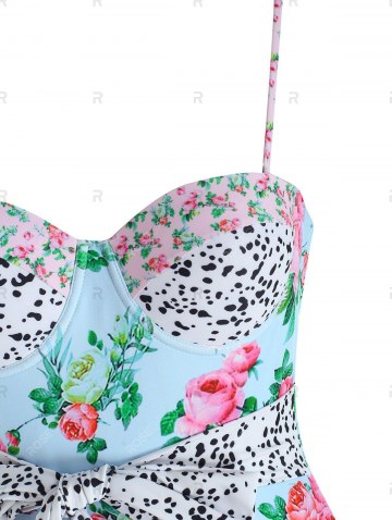 Dalmatian Flower Print Push Up Belted One-piece Swimsuit