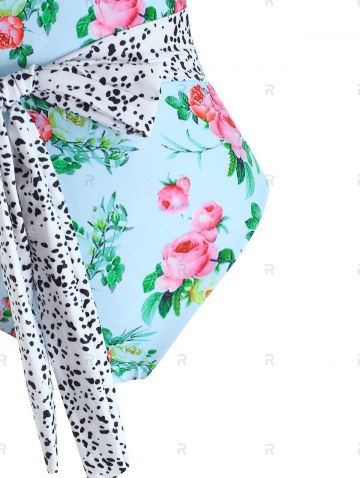 Dalmatian Flower Print Push Up Belted One-piece Swimsuit