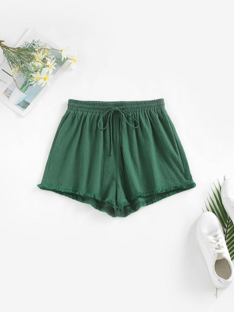 Drawstring High Waisted Frayed Hem Shorts