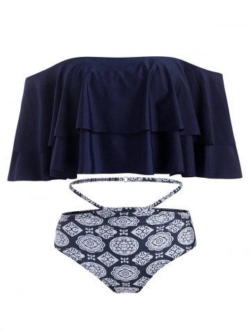 Ethnic Flower Cutout Off Shoulder Flounce Bikini Swimwear
