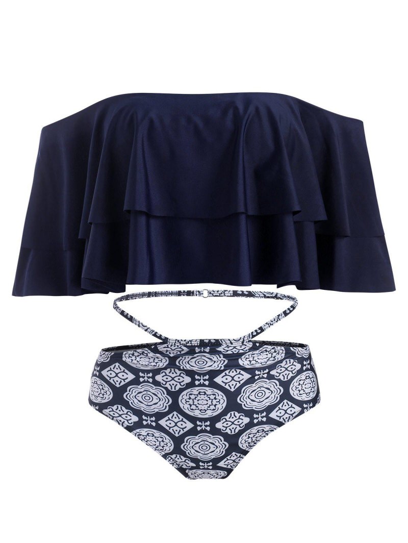 Ethnic Flower Cutout Off Shoulder Flounce Bikini Swimwear
