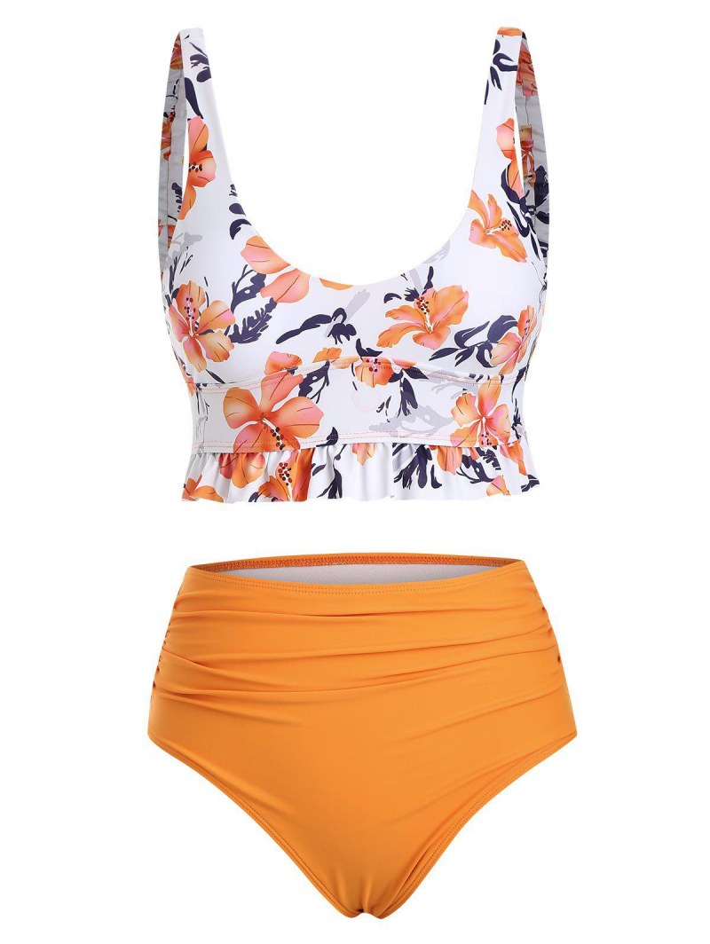 Floral Ruffled Ruched Elasticated Straps Tankini Swimwear