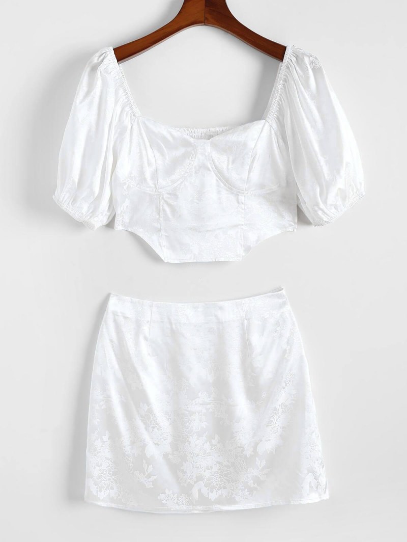 Flower Jacquard Smocked Satin Puff Sleeve Mini Skirt Set