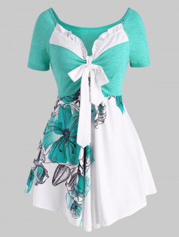 Flower Print Ruffle Bowknot Asymmetric T Shirt