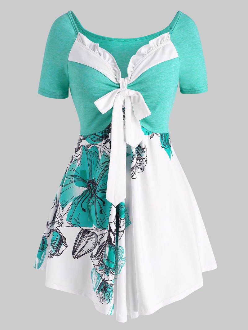 Flower Print Ruffle Bowknot Asymmetric T Shirt