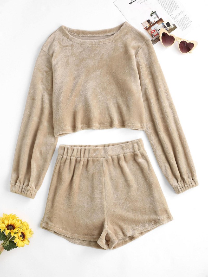 Fluffy Crop Sweatshirt And Two Piece Shorts Set